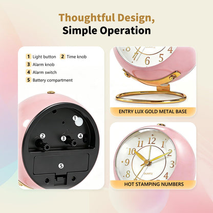 Analog Alarm Clock, Small Retro Desk Clock with Night Light, Backlight Cute Simple Design, Silent Non-Ticking, Battery Powered, for Bedroom,Travel,Kitchen,Bedside Desktop Decor