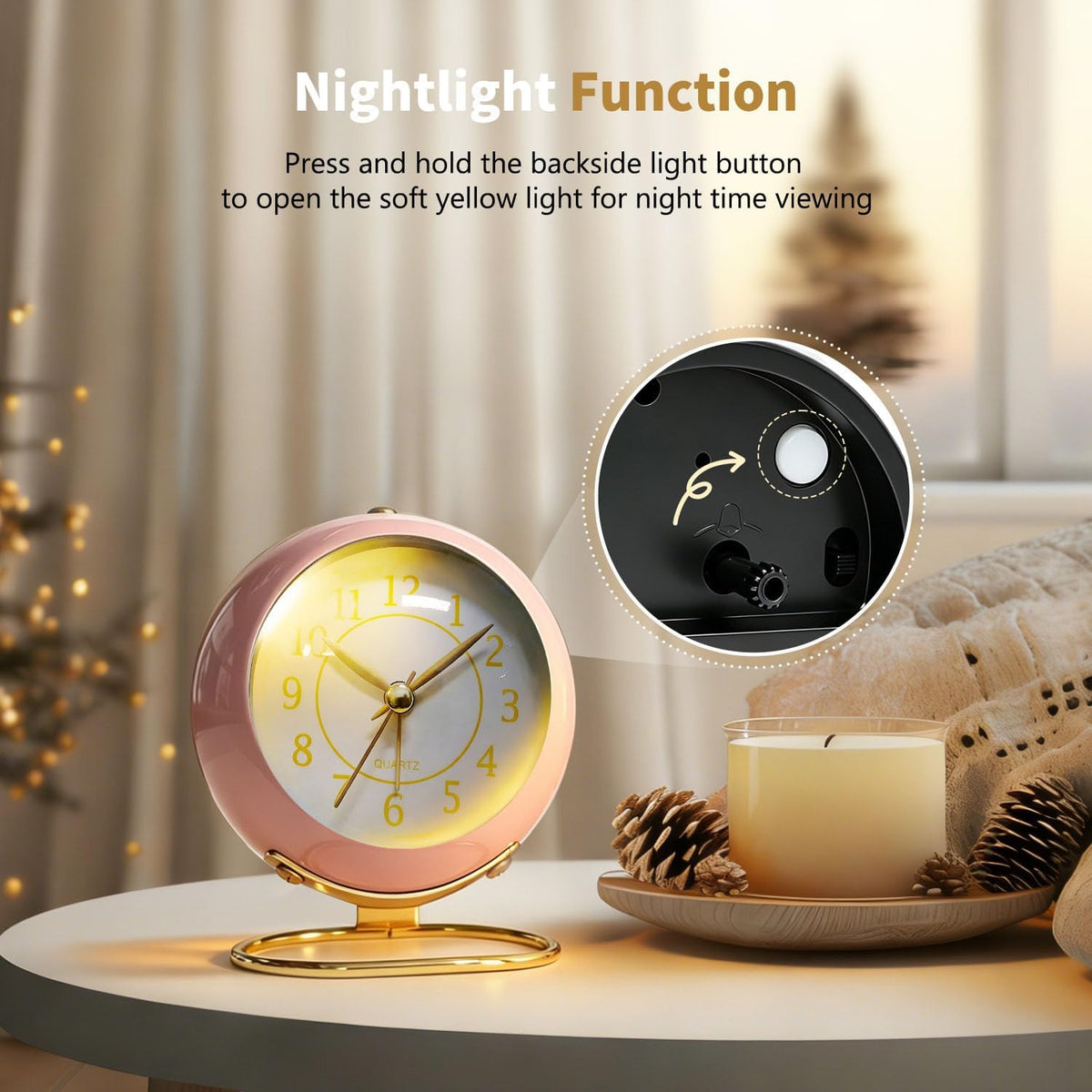 Analog Alarm Clock, Small Retro Desk Clock with Night Light, Backlight Cute Simple Design, Silent Non-Ticking, Battery Powered, for Bedroom,Travel,Kitchen,Bedside Desktop Decor