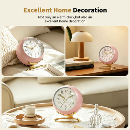 Analog Alarm Clock, Small Retro Desk Clock with Night Light, Backlight Cute Simple Design, Silent Non-Ticking, Battery Powered, for Bedroom,Travel,Kitchen,Bedside Desktop Decor