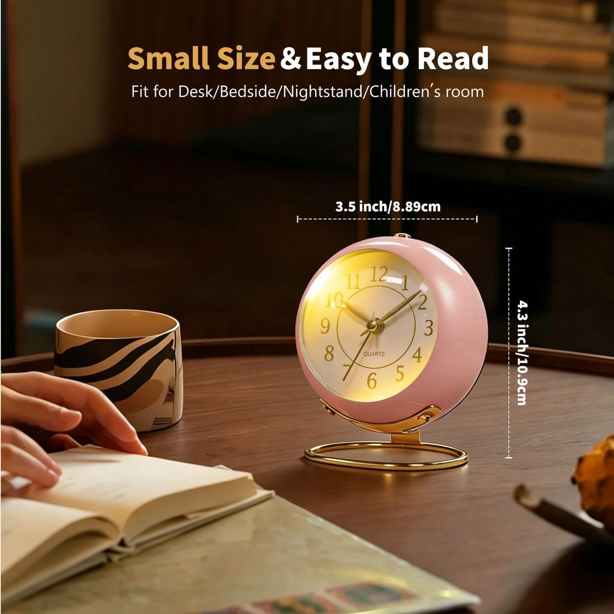 Analog Alarm Clock, Small Retro Desk Clock with Night Light, Backlight Cute Simple Design, Silent Non-Ticking, Battery Powered, for Bedroom,Travel,Kitchen,Bedside Desktop Decor