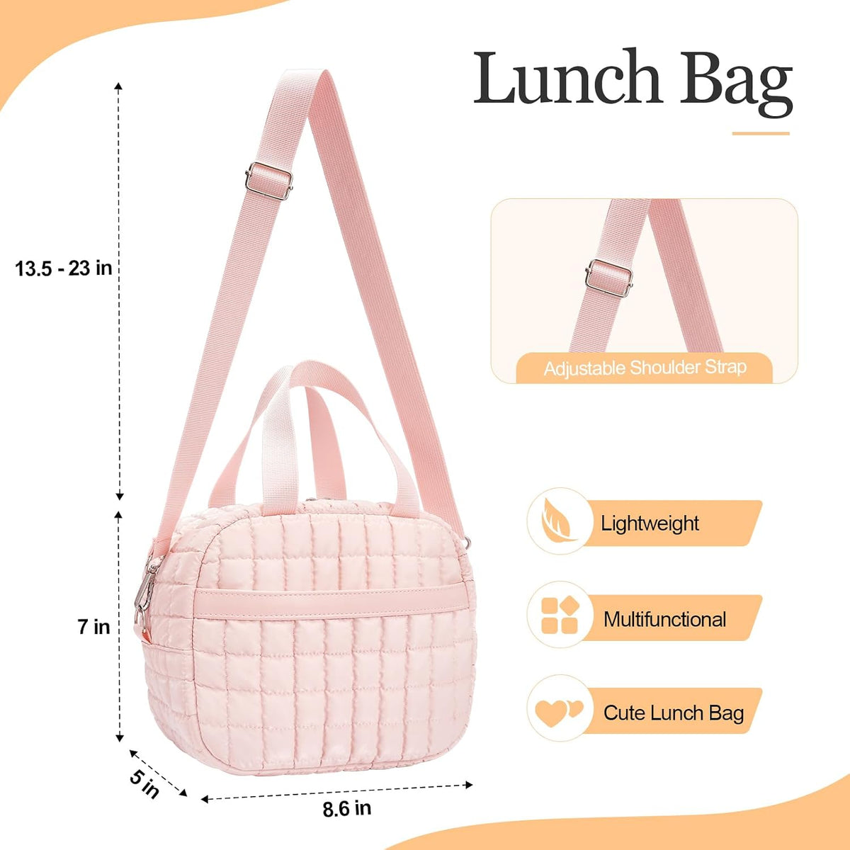 Lunch Box for Women,Quilted Puffer Lunch Bag, Cute Lunch Box with Front Pocket, Insulated Lunch Bag for Office Work，Hand Carry or Crossbody