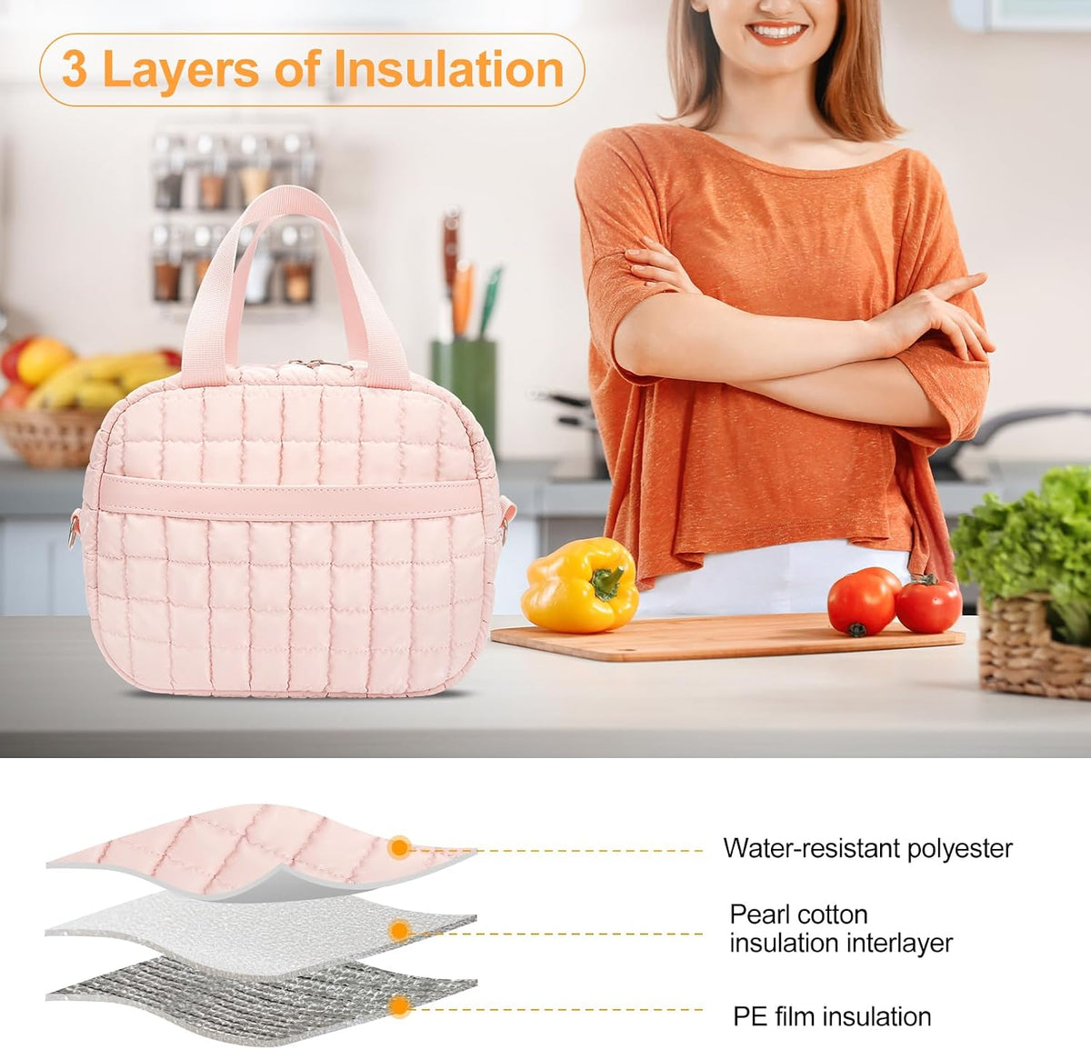 Lunch Box for Women,Quilted Puffer Lunch Bag, Cute Lunch Box with Front Pocket, Insulated Lunch Bag for Office Work，Hand Carry or Crossbody