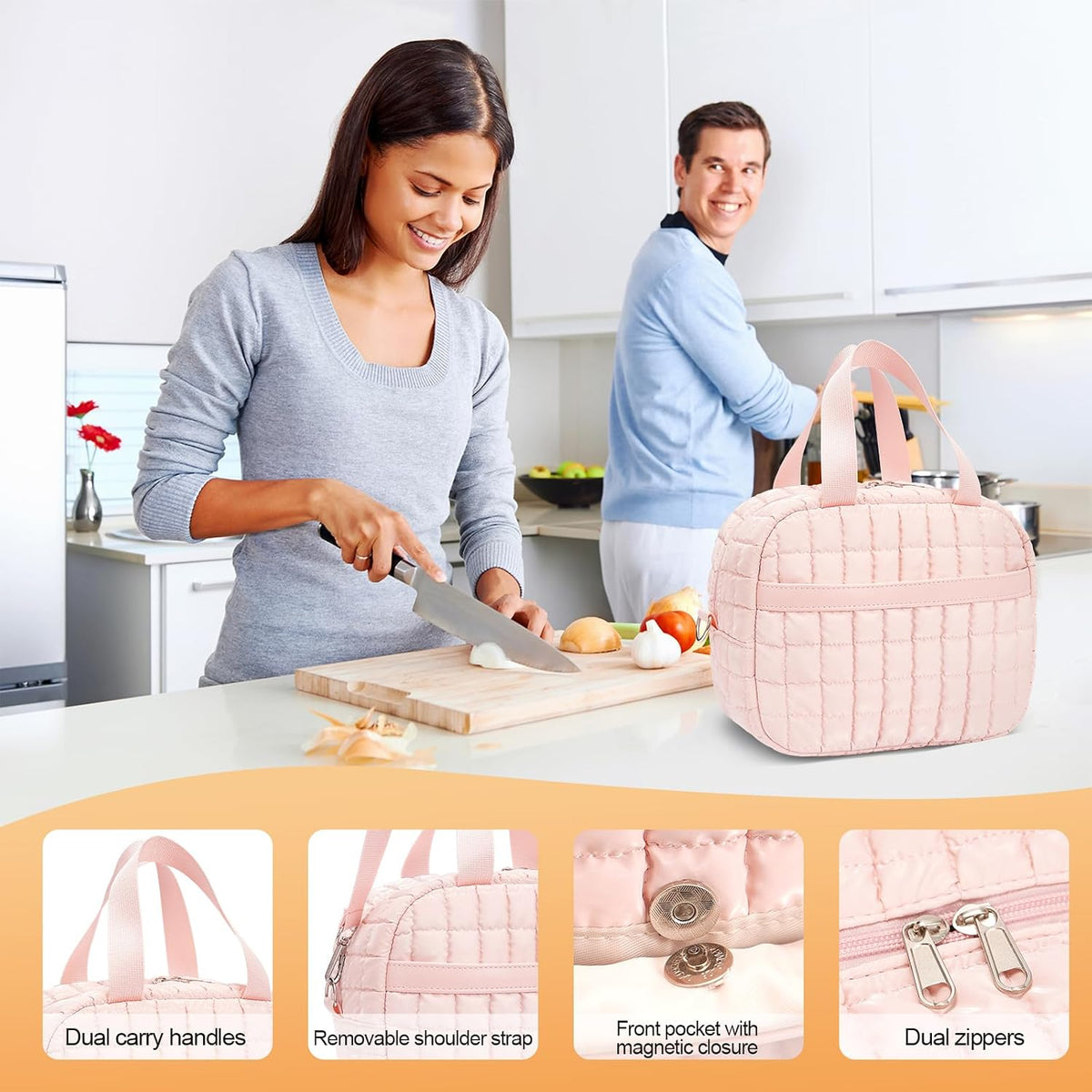 Lunch Box for Women,Quilted Puffer Lunch Bag, Cute Lunch Box with Front Pocket, Insulated Lunch Bag for Office Work，Hand Carry or Crossbody