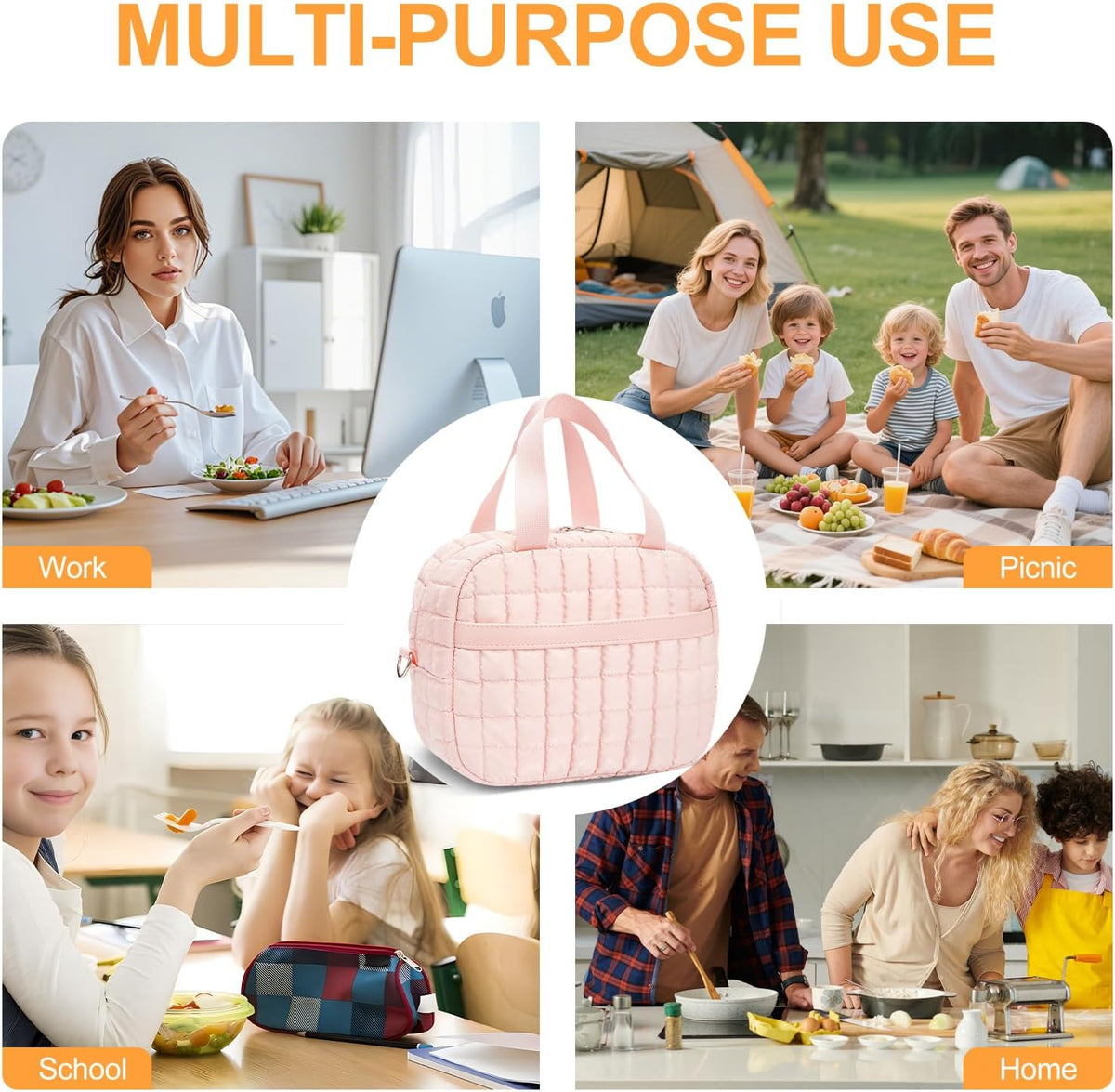 Lunch Box for Women,Quilted Puffer Lunch Bag, Cute Lunch Box with Front Pocket, Insulated Lunch Bag for Office Work，Hand Carry or Crossbody