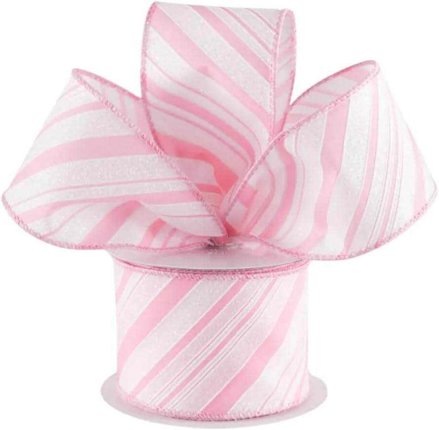 Candy Cane Stripe Pastel Pink White Glitter Canvas Ribbon, 2.5" Wired Ribbon, Christmas Ribbon for Making Wreaths Bows Gift Wrap Any Craft Project (Pastel Pink White, 15 Feet)