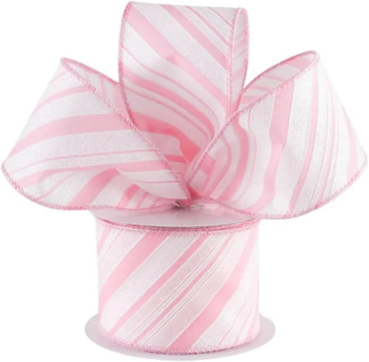 Candy Cane Stripe Pastel Pink White Glitter Canvas Ribbon, 2.5" Wired Ribbon, Christmas Ribbon for Making Wreaths Bows Gift Wrap Any Craft Project (Pastel Pink White, 15 Feet)