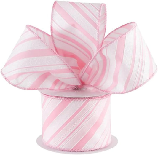 Candy Cane Stripe Pastel Pink White Glitter Canvas Ribbon, 2.5" Wired Ribbon, Christmas Ribbon for Making Wreaths Bows Gift Wrap Any Craft Project (Pastel Pink White, 15 Feet)