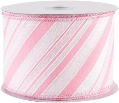 Candy Cane Stripe Pastel Pink White Glitter Canvas Ribbon, 2.5" Wired Ribbon, Christmas Ribbon for Making Wreaths Bows Gift Wrap Any Craft Project (Pastel Pink White, 15 Feet)
