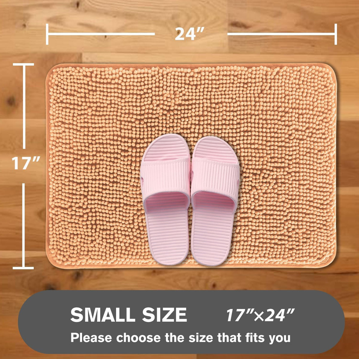 Peach Bathroom Rugs – Absorbent and Washable Bath Mat, Non-Slip, Thick Soft Chenille Bath Rugs for Bathroom Floor, Shower, Sink - 17" x 24"