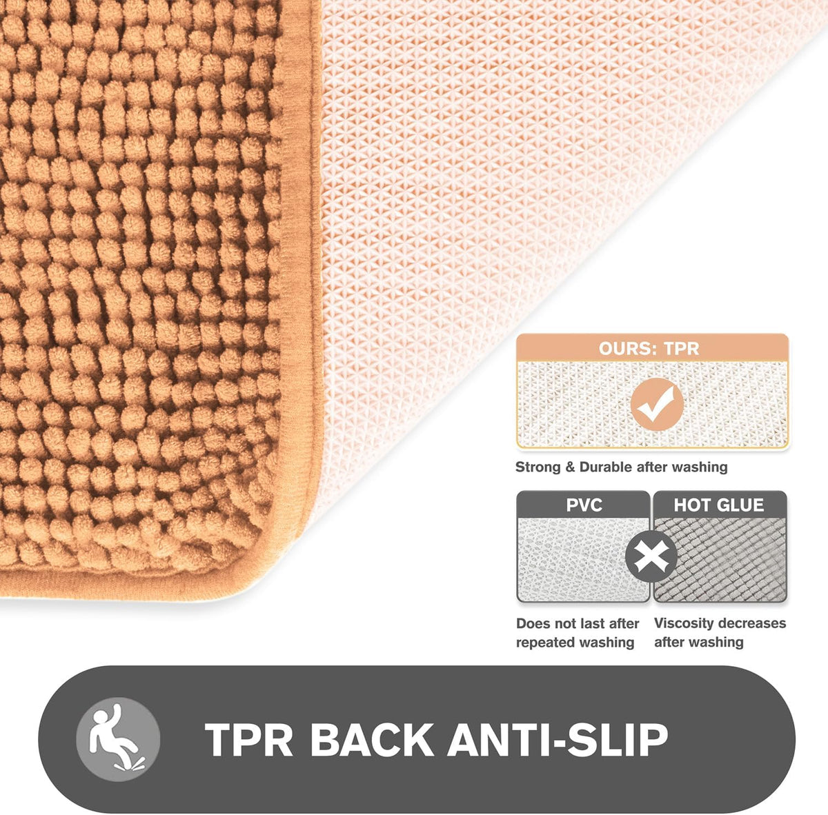 Peach Bathroom Rugs – Absorbent and Washable Bath Mat, Non-Slip, Thick Soft Chenille Bath Rugs for Bathroom Floor, Shower, Sink - 17" x 24"