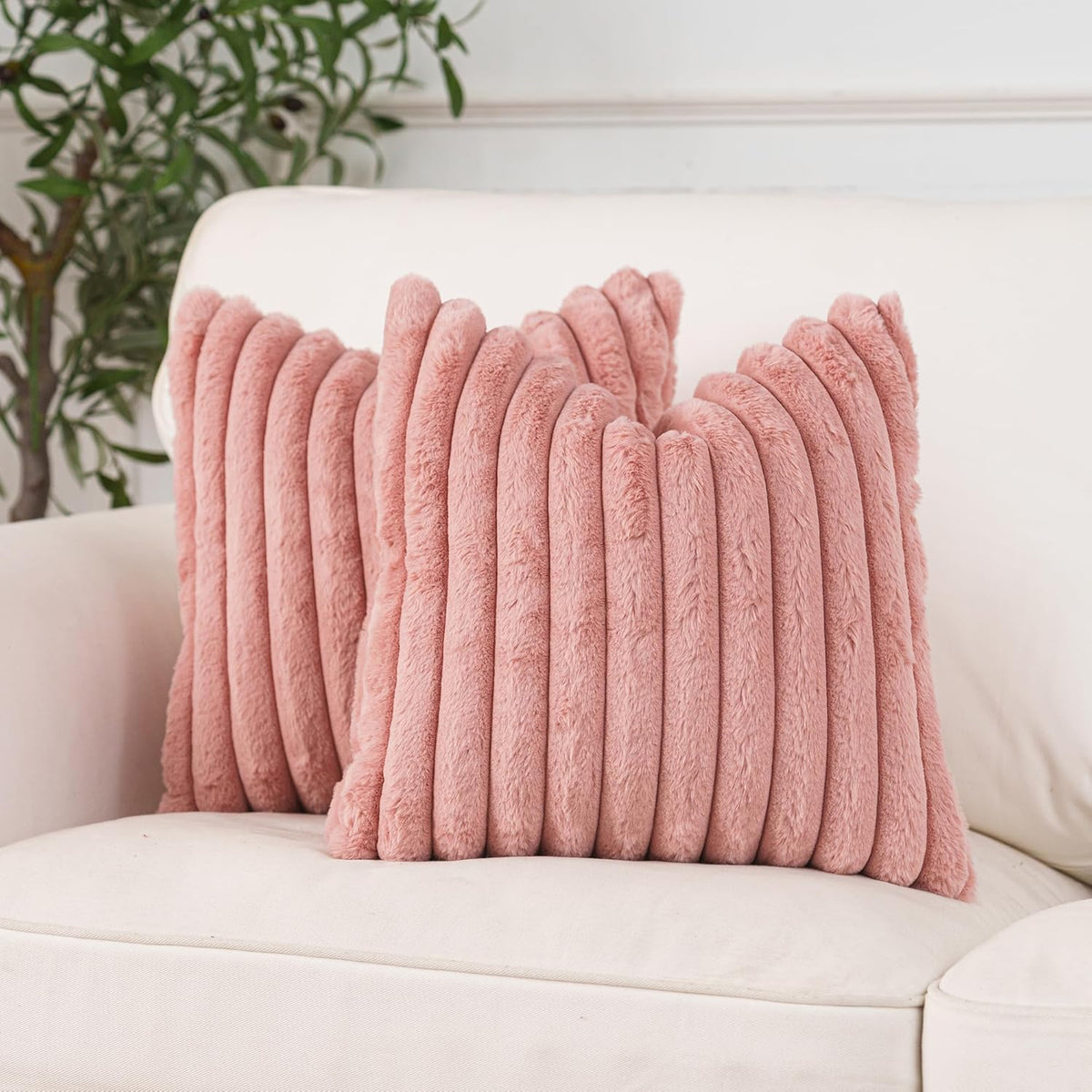 Pink Faux Fur Throw Pillow Covers 18x18, Set of 2 Cushion Cases