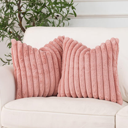 Pink Faux Fur Throw Pillow Covers 18x18, Set of 2 Cushion Cases