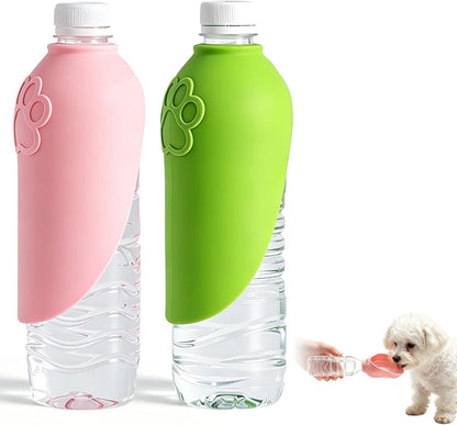 2PCS Portable Dog Water Bottle Attachment, Slip-On Pet Water Bowl, Dog Water Bottle Adapter for Standard Water Bottles Leak Proof Outdoor Pet Water Feeder Bowl(Green+Pink)
