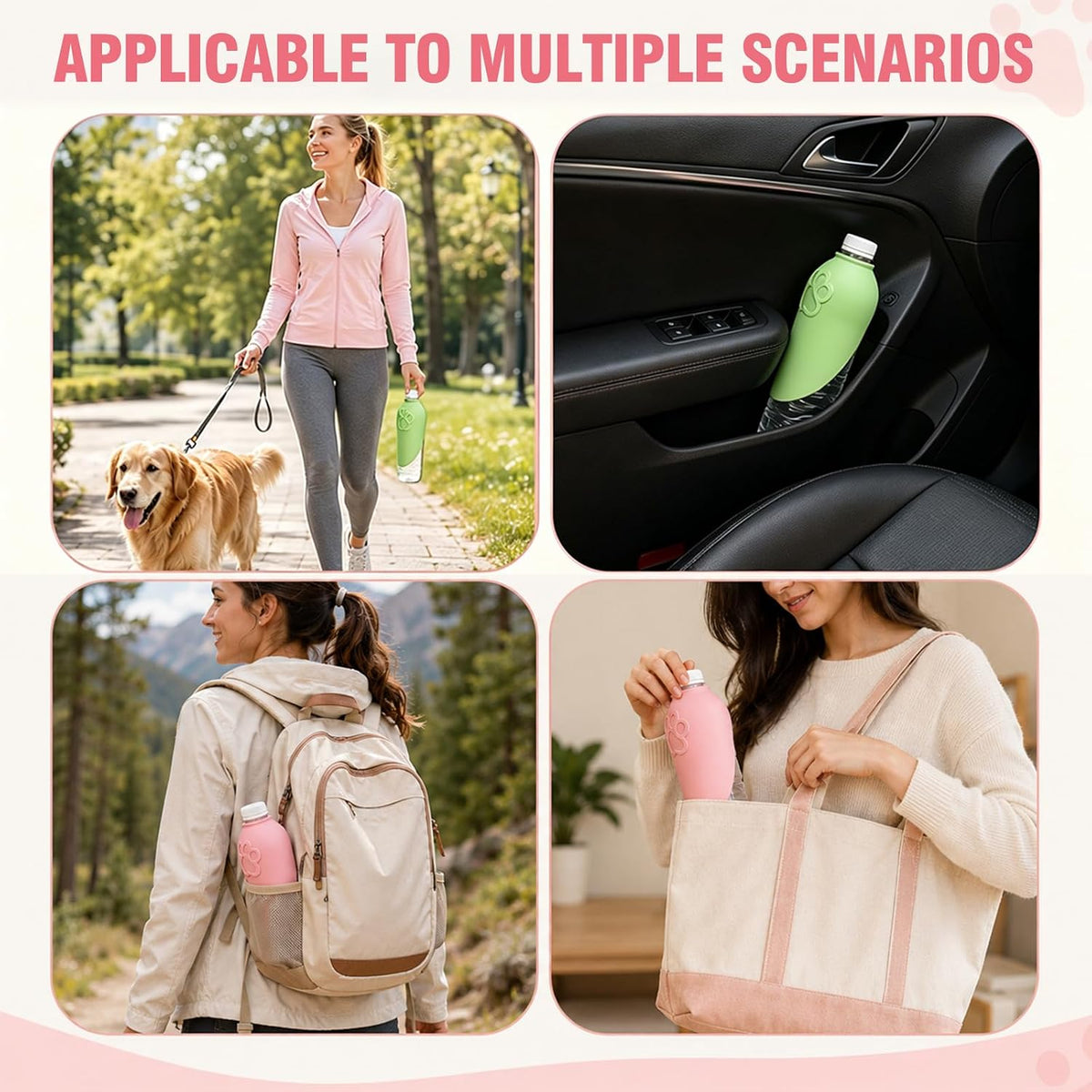 2PCS Portable Dog Water Bottle Attachment, Slip-On Pet Water Bowl, Dog Water Bottle Adapter for Standard Water Bottles Leak Proof Outdoor Pet Water Feeder Bowl(Green+Pink)