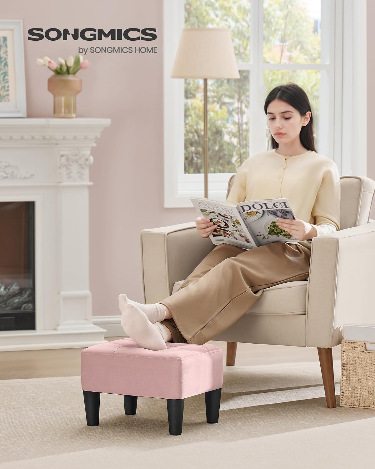 SONGMICS Foot Stool, Small Velvet Ottoman with Thick Cushion