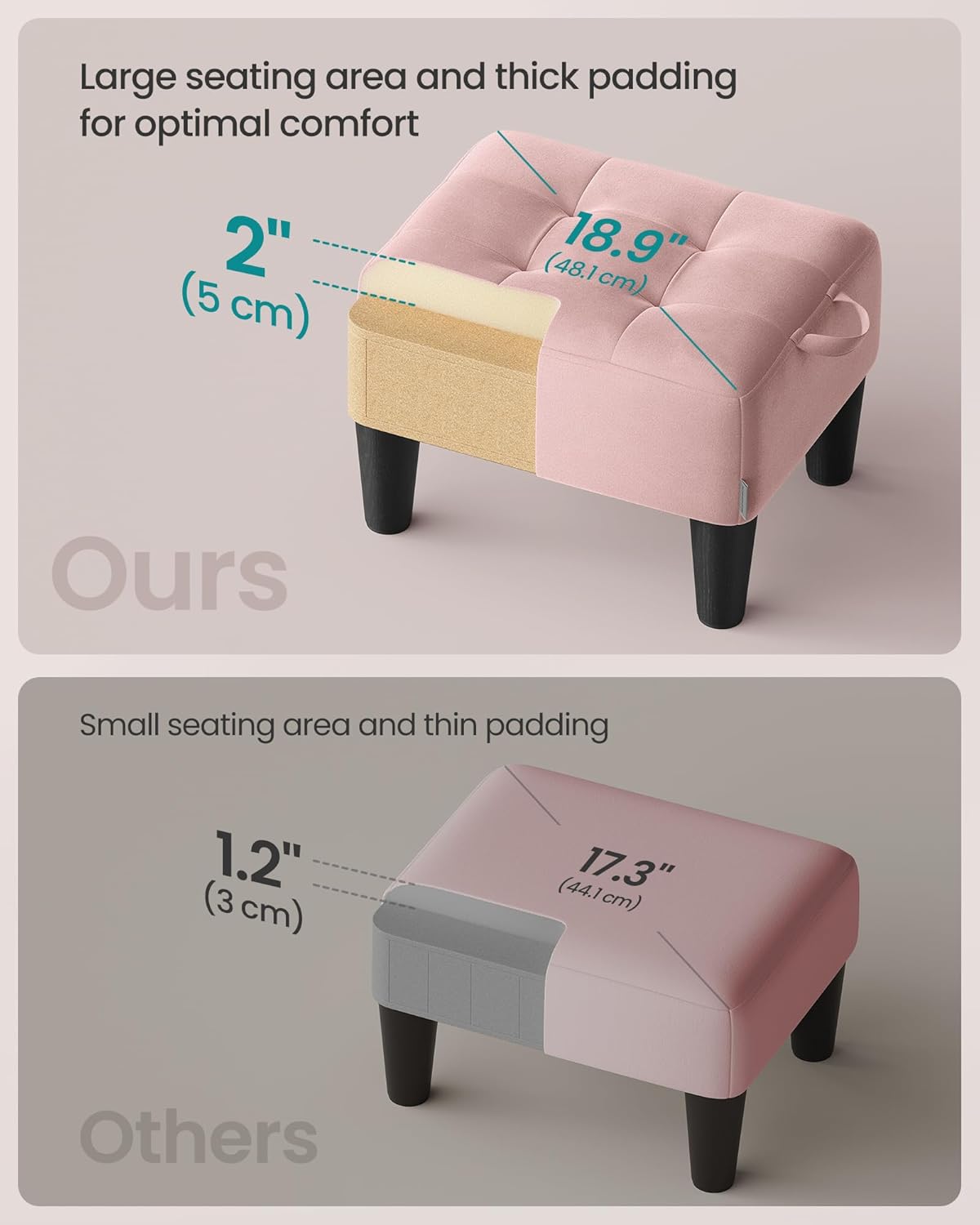 SONGMICS Foot Stool, Small Velvet Ottoman with Thick Cushion