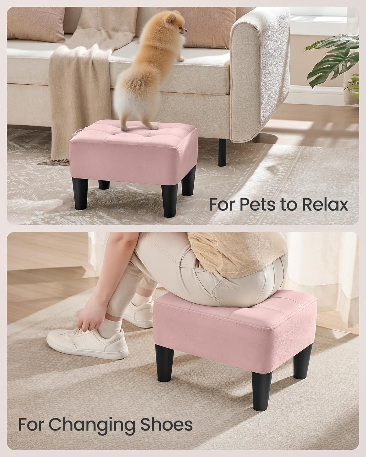 SONGMICS Foot Stool, Small Velvet Ottoman with Thick Cushion