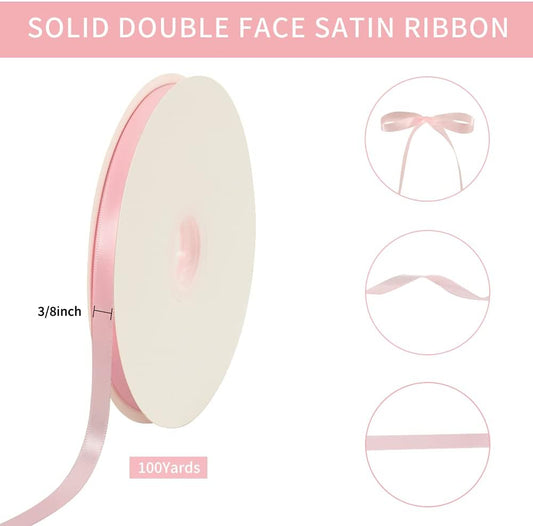 3/8 Inch x 100yds Light Pink Satin Ribbon Thin Solid Fabric Ribbons Roll for Gift Wrapping Invitation Floral Hair Balloons Craft Party Wedding Decoration Valentine's Day Bouquet