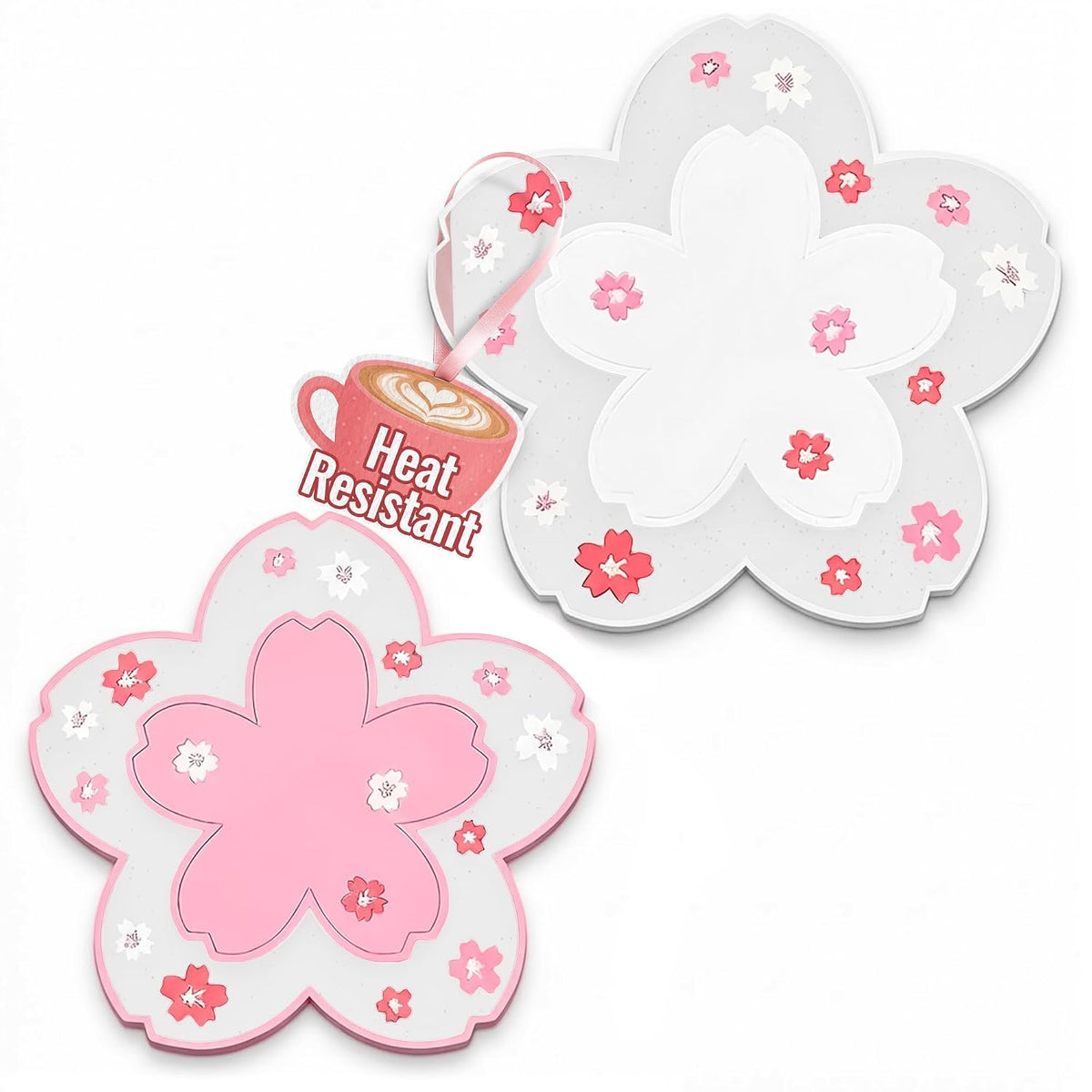 Cherry Blossom Coaster for Desk Set of 2, Non-Slip PVC Cup Mats