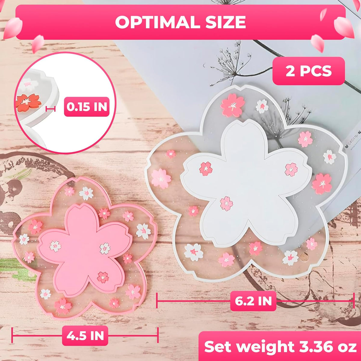 Cherry Blossom Coaster for Desk Set of 2, Non-Slip PVC Cup Mats