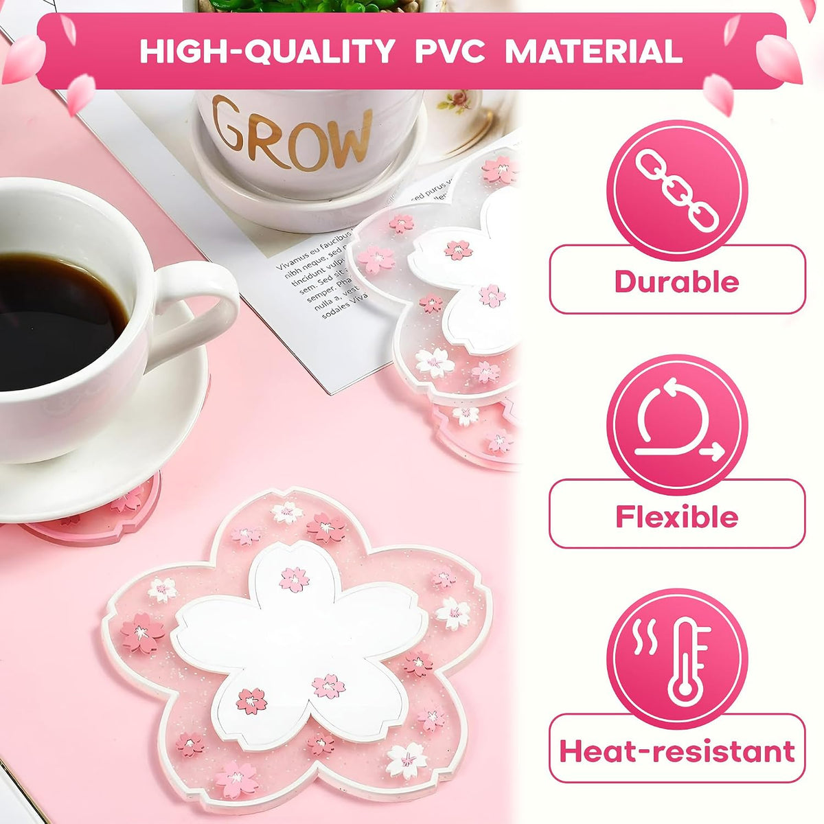 Cherry Blossom Coaster for Desk Set of 2, Non-Slip PVC Cup Mats