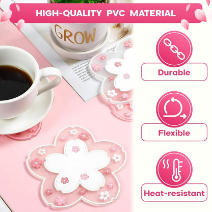 Cherry Blossom Coaster for Desk Set of 2, Non-Slip PVC Cup Mats