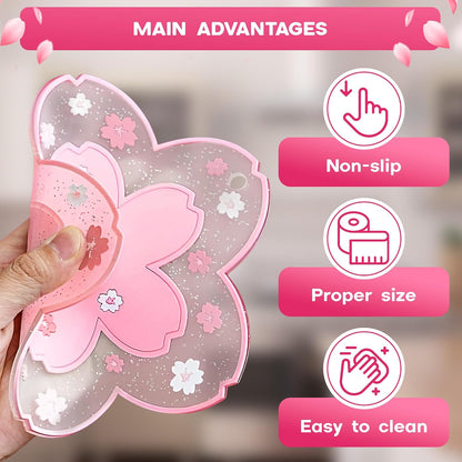 Cherry Blossom Coaster for Desk Set of 2, Non-Slip PVC Cup Mats