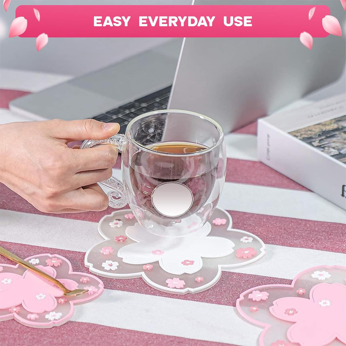 Cherry Blossom Coaster for Desk Set of 2, Non-Slip PVC Cup Mats