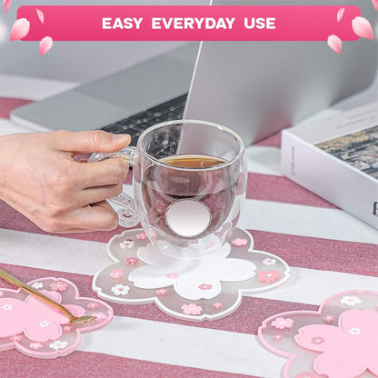 Cherry Blossom Coaster for Desk Set of 2, Non-Slip PVC Cup Mats