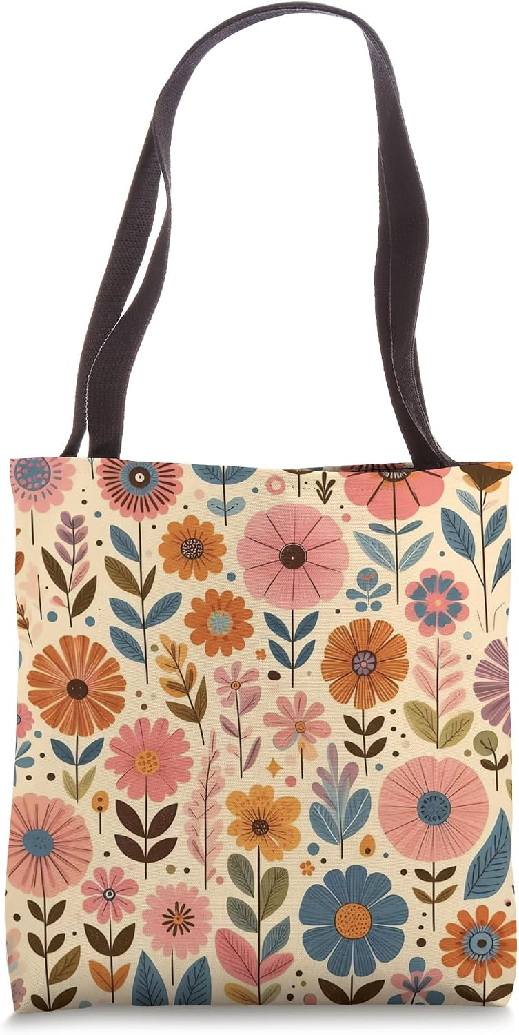Retro Flowers Meadow Floral Groovy 70s Peach Pink Tote Bag