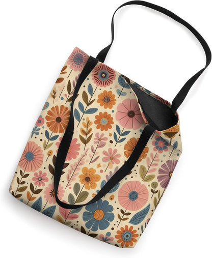 Retro Flowers Meadow Floral Groovy 70s Peach Pink Tote Bag