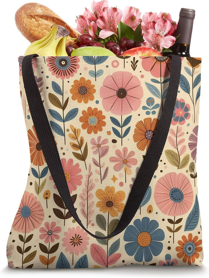 Retro Flowers Meadow Floral Groovy 70s Peach Pink Tote Bag