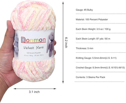 Velvet Chenille Yarn for Crocheting Handcrafts Weaving,3 Skein(Peach)