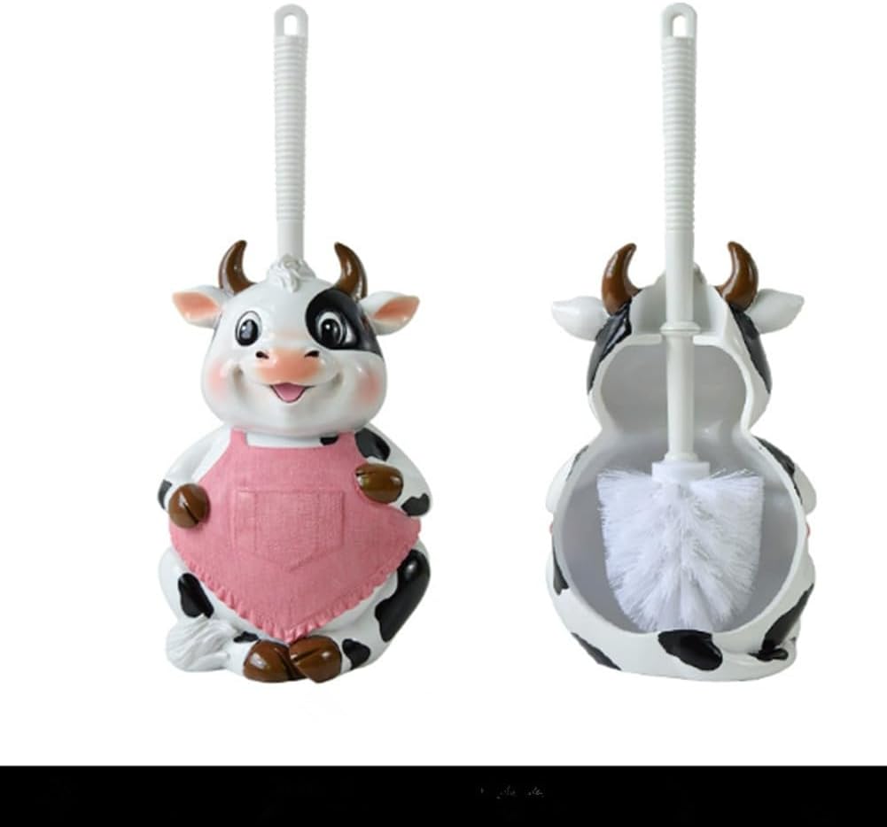 Cute Cartoon Frog Monkey Duck Toilet Brush and Holder Toilet Cleaning Brush Set (Pink Cow)