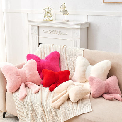 Pink Bow Pillow,12'' Bow Shaped Pillow with Faux Rabbit Fur,Soft Bow Throw Pillows Aesthetic Bow Decorative Pillows for Bed Sofa Couch Home Decor