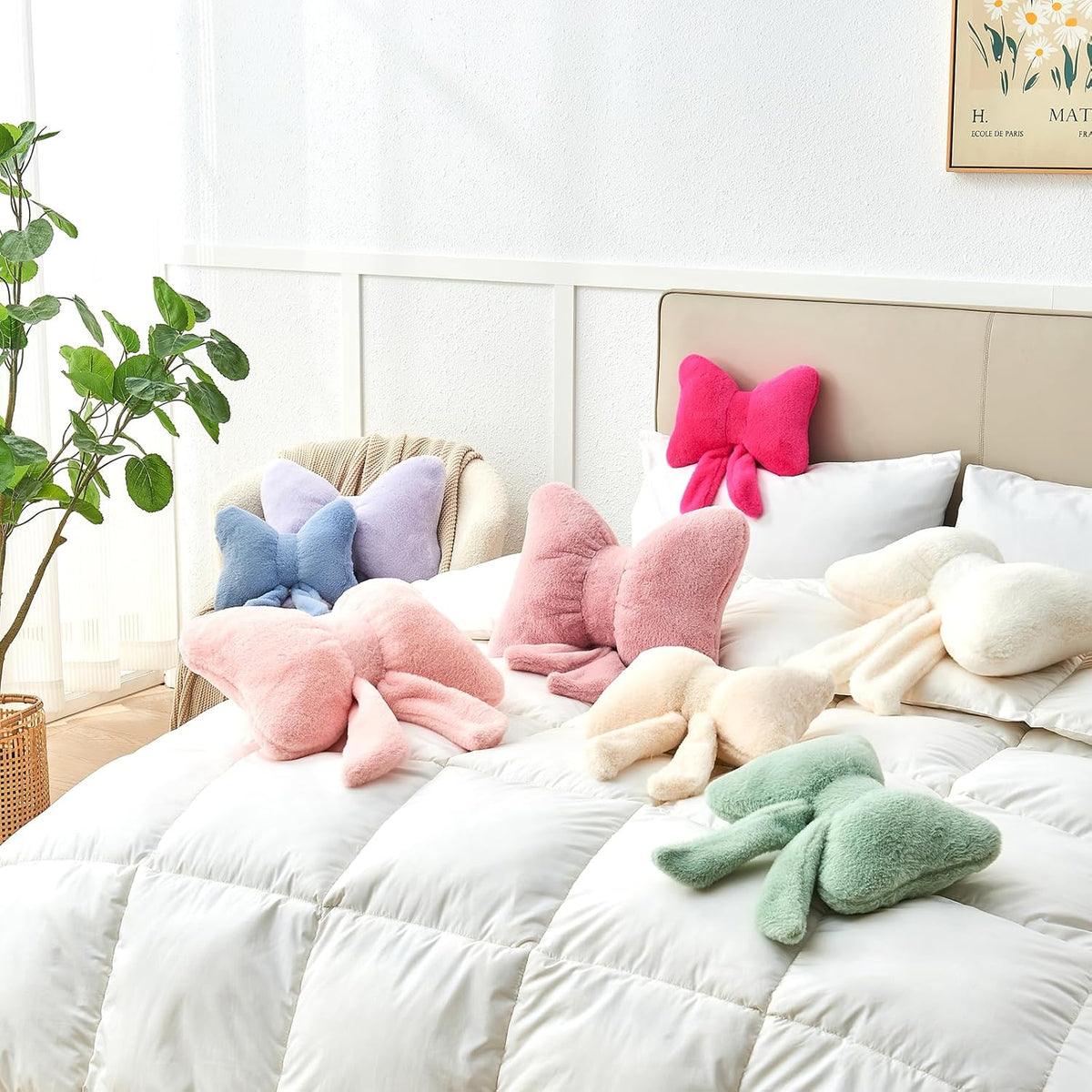 Pink Bow Pillow,12'' Bow Shaped Pillow with Faux Rabbit Fur,Soft Bow Throw Pillows Aesthetic Bow Decorative Pillows for Bed Sofa Couch Home Decor