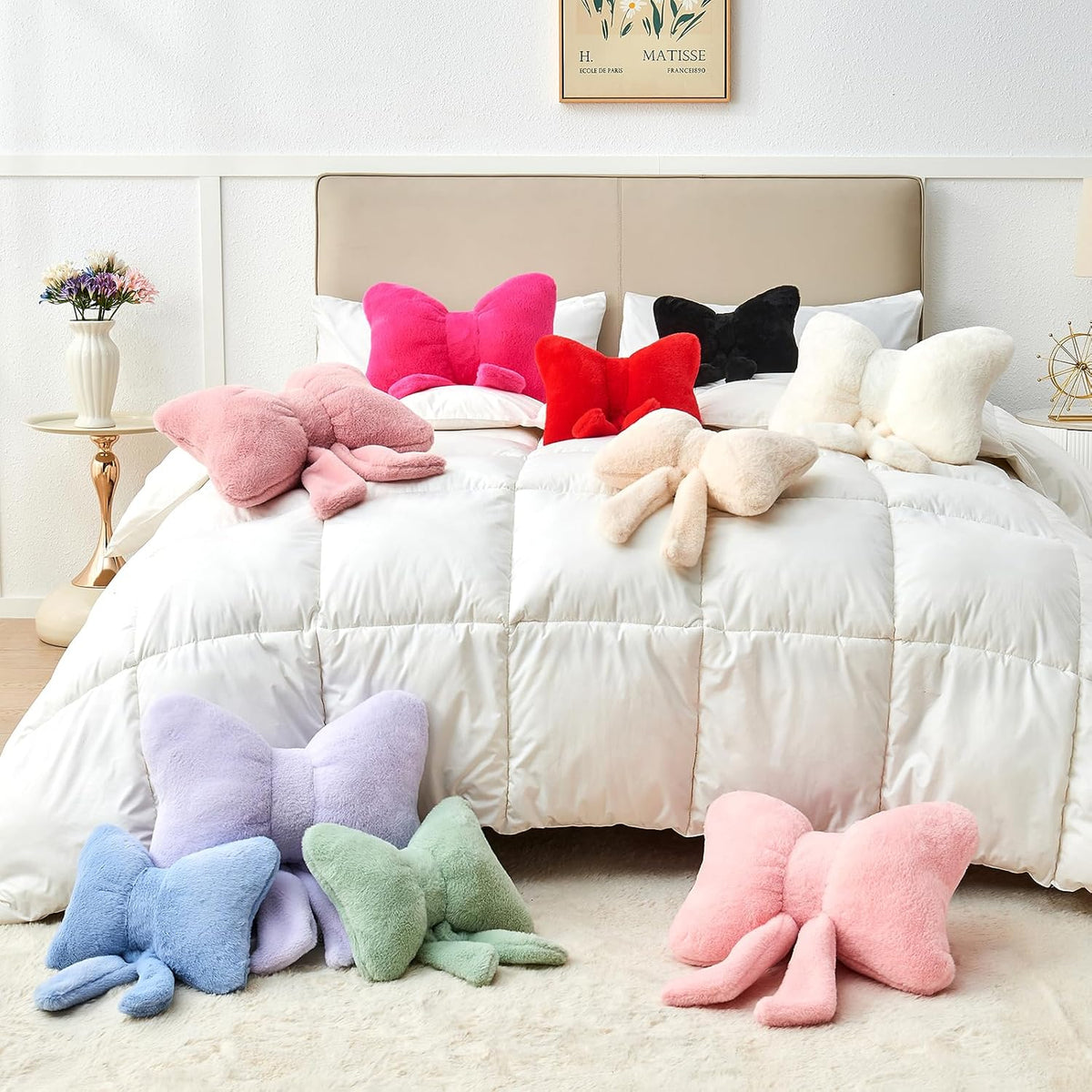 Pink Bow Pillow,12'' Bow Shaped Pillow with Faux Rabbit Fur,Soft Bow Throw Pillows Aesthetic Bow Decorative Pillows for Bed Sofa Couch Home Decor