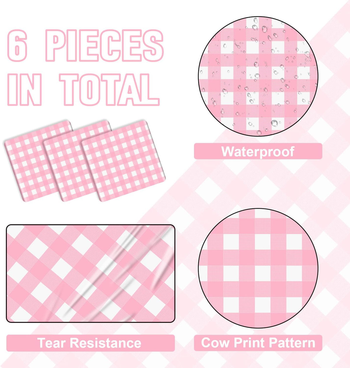 6 Pack Pink Gingham Table Runner, Pink and White Checkered Tablecloths 14 x 108 Inches Rectangular Waterproof Picnic Table Runner for Birthday Party Holiday Outdoor Supplies