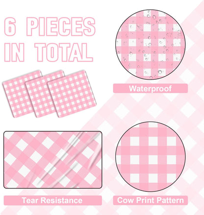 6 Pack Pink Gingham Table Runner, Pink and White Checkered Tablecloths 14 x 108 Inches Rectangular Waterproof Picnic Table Runner for Birthday Party Holiday Outdoor Supplies