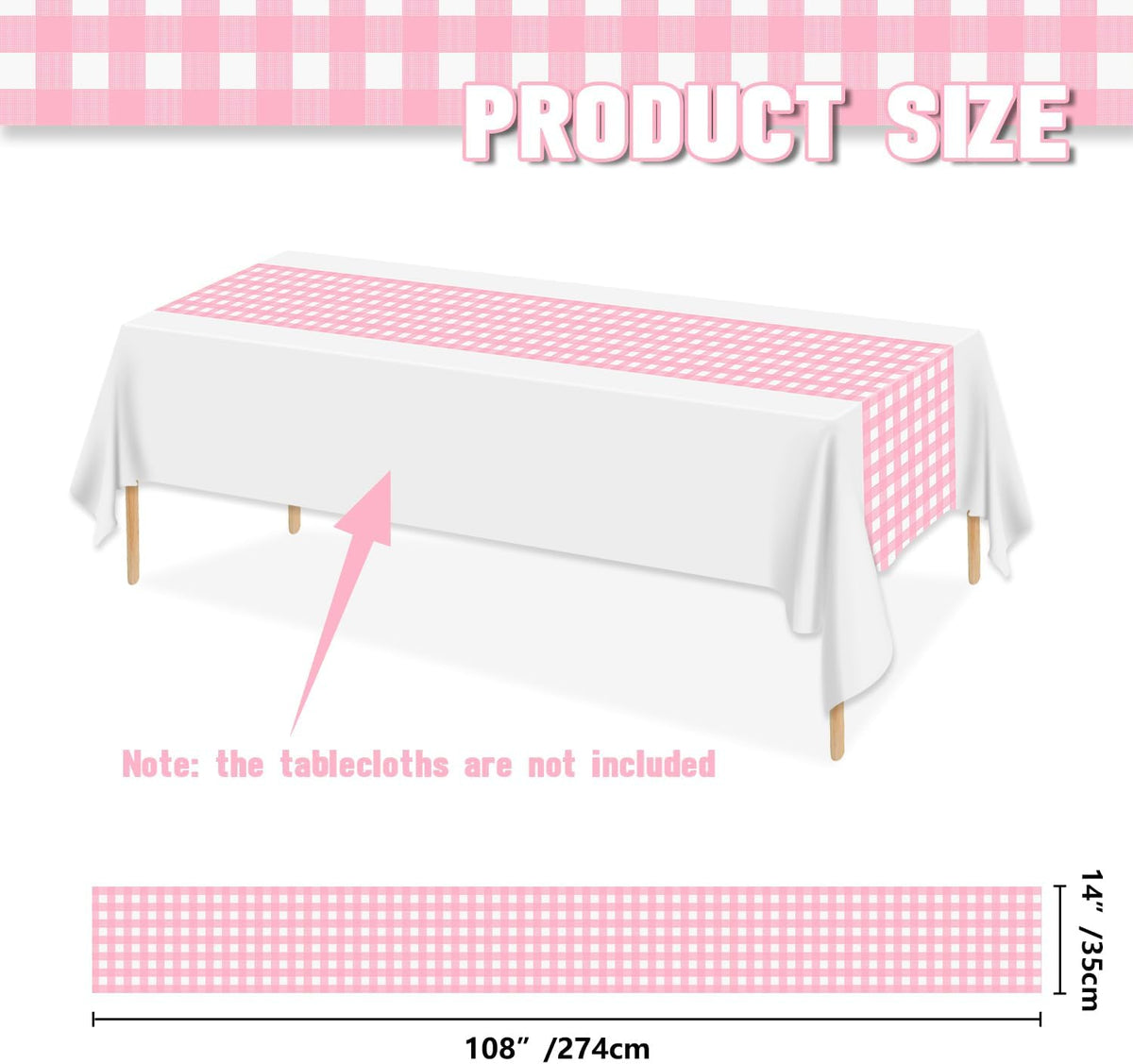 6 Pack Pink Gingham Table Runner, Pink and White Checkered Tablecloths 14 x 108 Inches Rectangular Waterproof Picnic Table Runner for Birthday Party Holiday Outdoor Supplies