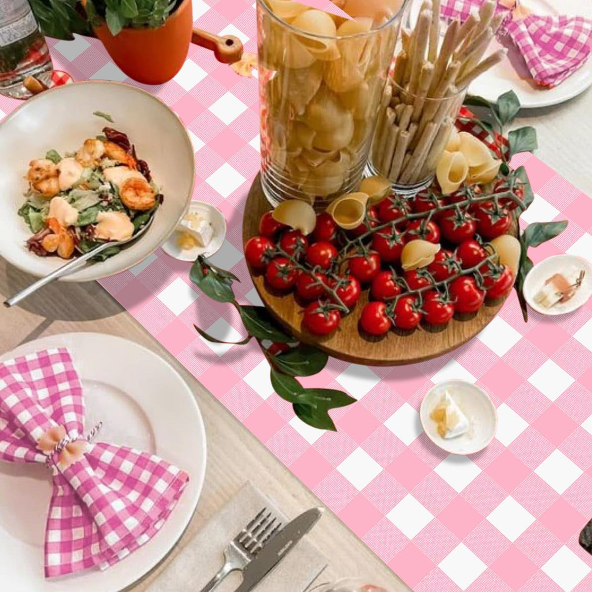 6 Pack Pink Gingham Table Runner, Pink and White Checkered Tablecloths 14 x 108 Inches Rectangular Waterproof Picnic Table Runner for Birthday Party Holiday Outdoor Supplies