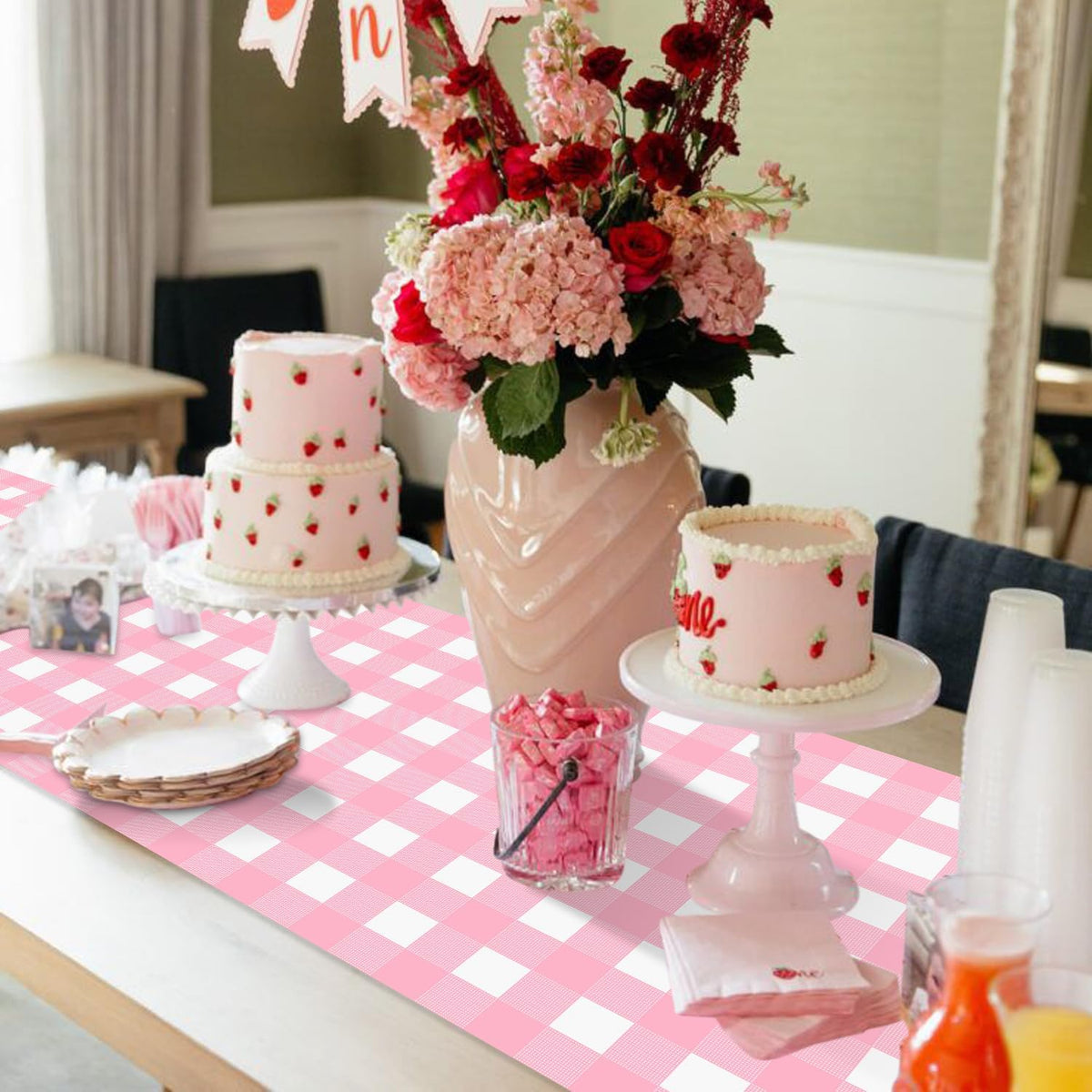 6 Pack Pink Gingham Table Runner, Pink and White Checkered Tablecloths 14 x 108 Inches Rectangular Waterproof Picnic Table Runner for Birthday Party Holiday Outdoor Supplies