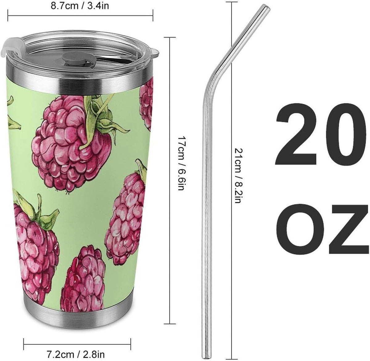 20 Oz Tumbler for Office, Stainless Steel Vacuum Insulated Peach Raspberry Pattern Tumbler with Straw Lid, Large Capacity Car Cup for Home, Travel, Camping, Shopping, Sports