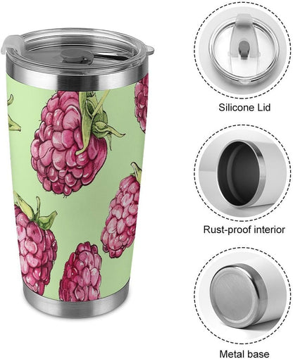 20 Oz Tumbler for Office, Stainless Steel Vacuum Insulated Peach Raspberry Pattern Tumbler with Straw Lid, Large Capacity Car Cup for Home, Travel, Camping, Shopping, Sports