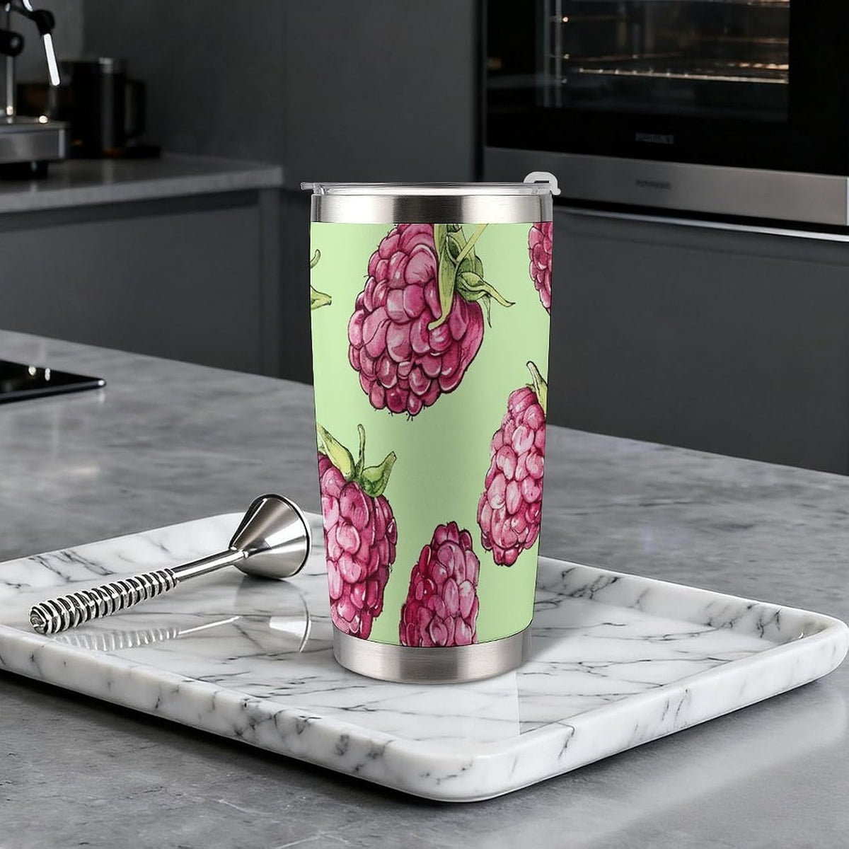 20 Oz Tumbler for Office, Stainless Steel Vacuum Insulated Peach Raspberry Pattern Tumbler with Straw Lid, Large Capacity Car Cup for Home, Travel, Camping, Shopping, Sports