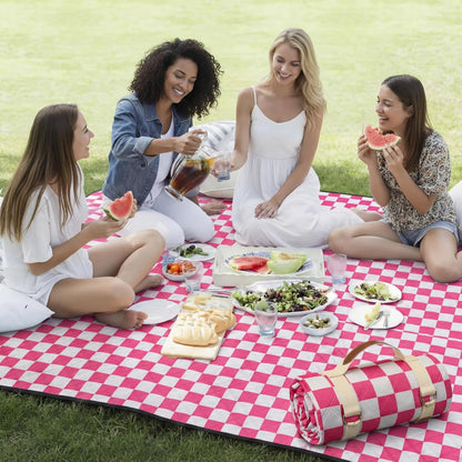 Checkered Picnic Blanket Extra Large Outdoor Blanket Sandproof 80"x80" Waterproof Portable Machine Washable 3 Layer Thick Gingham Picnic Mat for Beach Camping Park Grass Travel(Bright Pink)