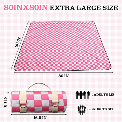 Checkered Picnic Blanket Extra Large Outdoor Blanket Sandproof 80"x80" Waterproof Portable Machine Washable 3 Layer Thick Gingham Picnic Mat for Beach Camping Park Grass Travel(Bright Pink)
