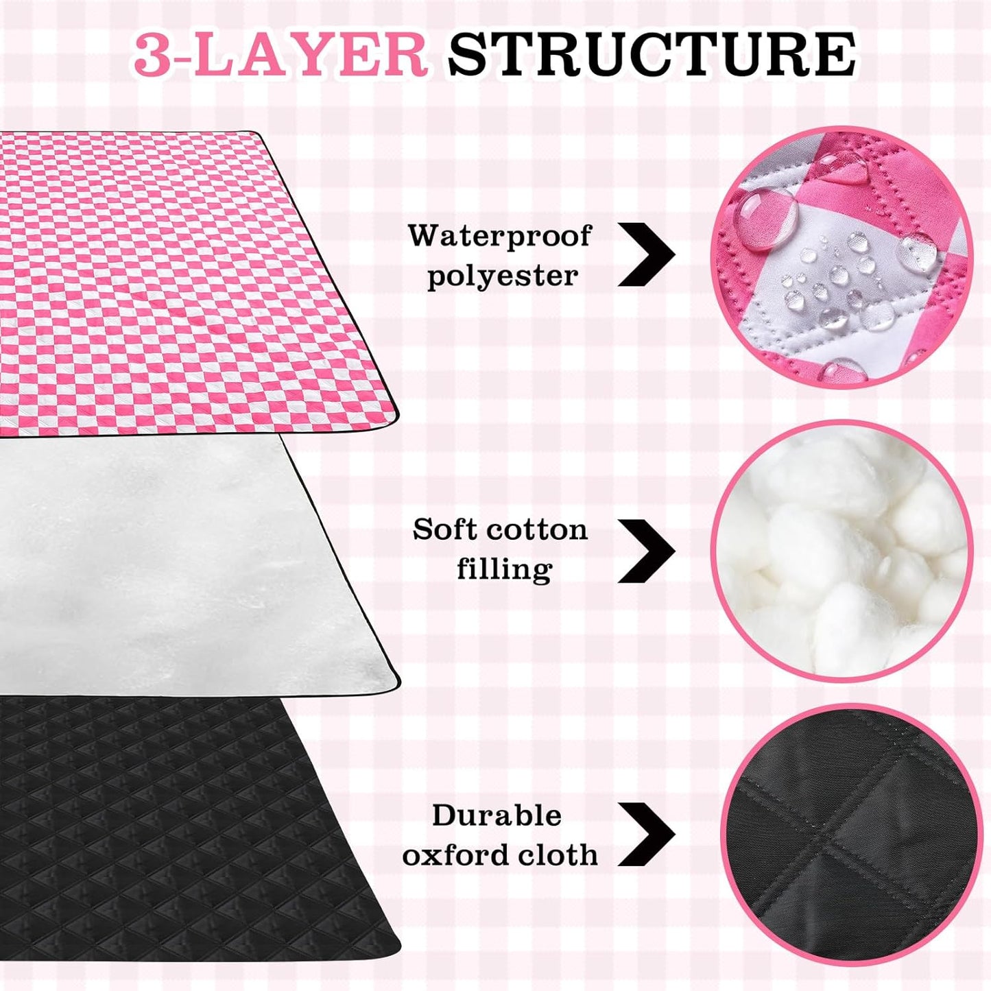 Checkered Picnic Blanket Extra Large Outdoor Blanket Sandproof 80"x80" Waterproof Portable Machine Washable 3 Layer Thick Gingham Picnic Mat for Beach Camping Park Grass Travel(Bright Pink)