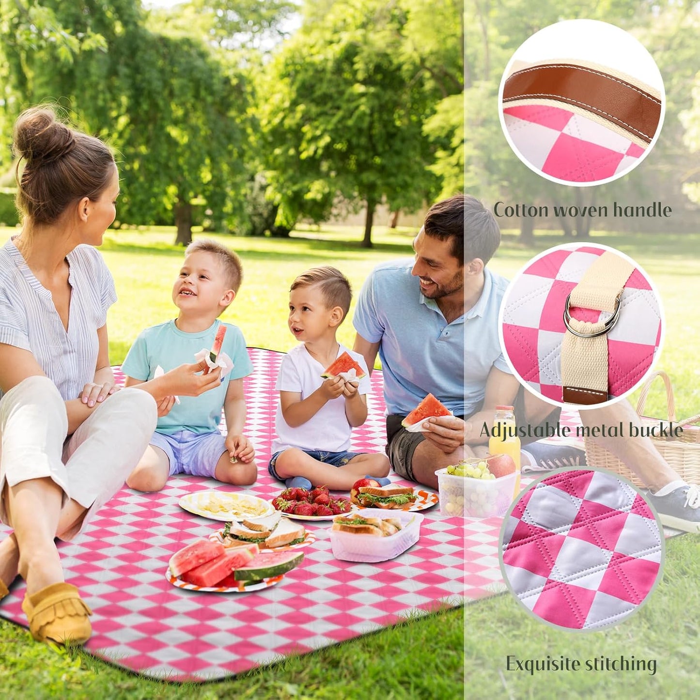 Checkered Picnic Blanket Extra Large Outdoor Blanket Sandproof 80"x80" Waterproof Portable Machine Washable 3 Layer Thick Gingham Picnic Mat for Beach Camping Park Grass Travel(Bright Pink)