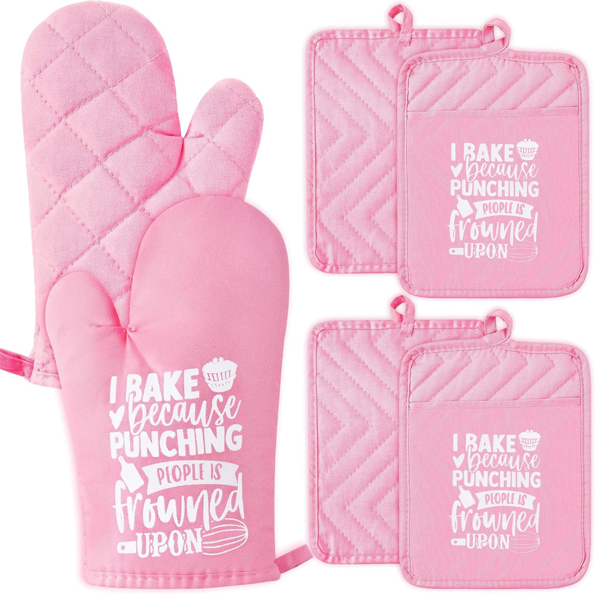 6Pcs Cotton Oven Mitts Pot Holders Funny Women Resistant Hot Pads Machine Washable Microwave Gloves with Hanging Loop Pocket Potholder for Kitchen Baking Cooking GrillingPink